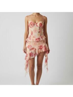 LIGHT PINK FLORAL CHIFFON FRILL DRAPE MINI DRESS